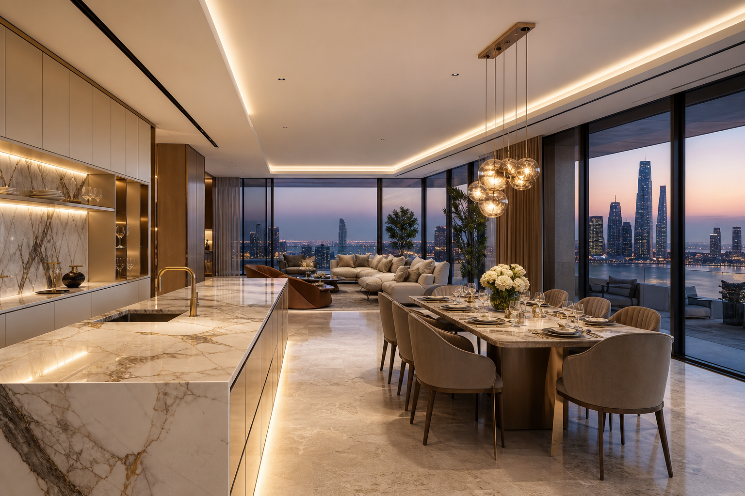Fadior Abu Dhabi Skyline Penthouse — kitchen island, dining table, lounge, skyline glazing
