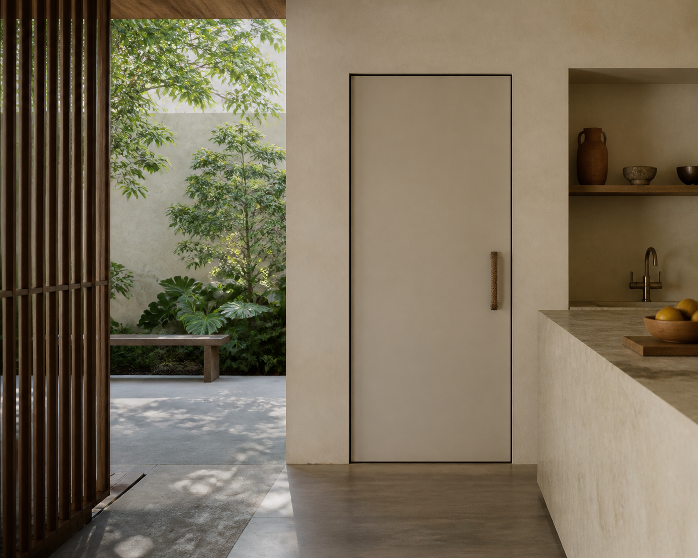 Fadior Alabaster Interior Door Suite with Contour Quietline Door — lifestyle setting with natural light and residential