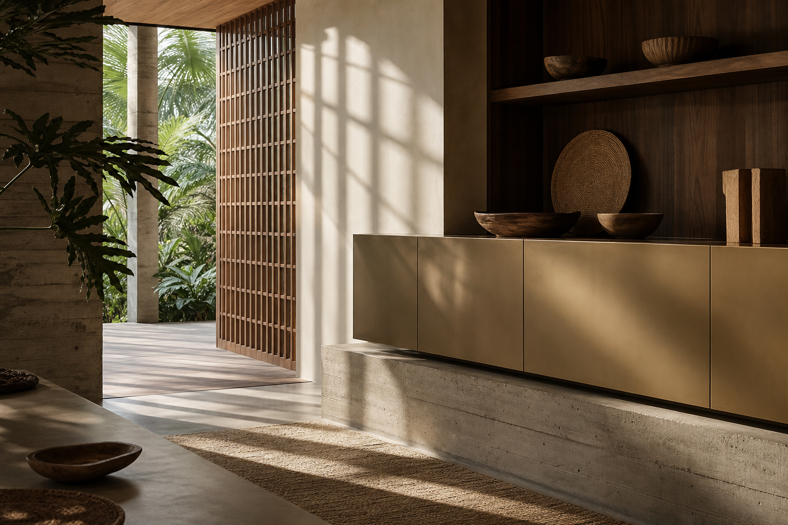 Kitchen material study with bronze cabinet planes, concrete, and wood shadows for color decisions.