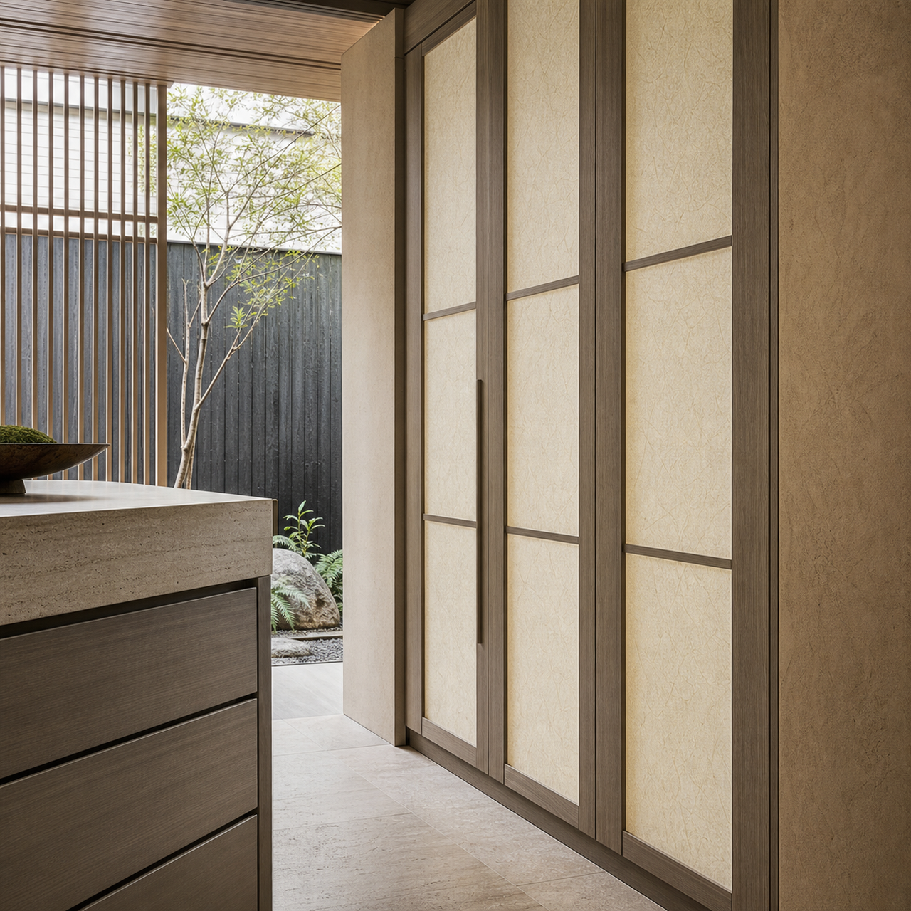 Fadior Resonance Wardrobe Suite with Brass Lever Valet Niche — close-up of stainless steel finish and hardware detail
