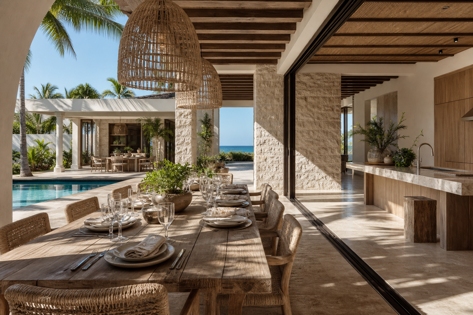 Fadior Miami Garden Courtyard Villa — Miami courtyard lunch setup with teak table, glassware, woven chairs, pool edge, limestone columns, open kitchen doors, palm trees, and stone floor