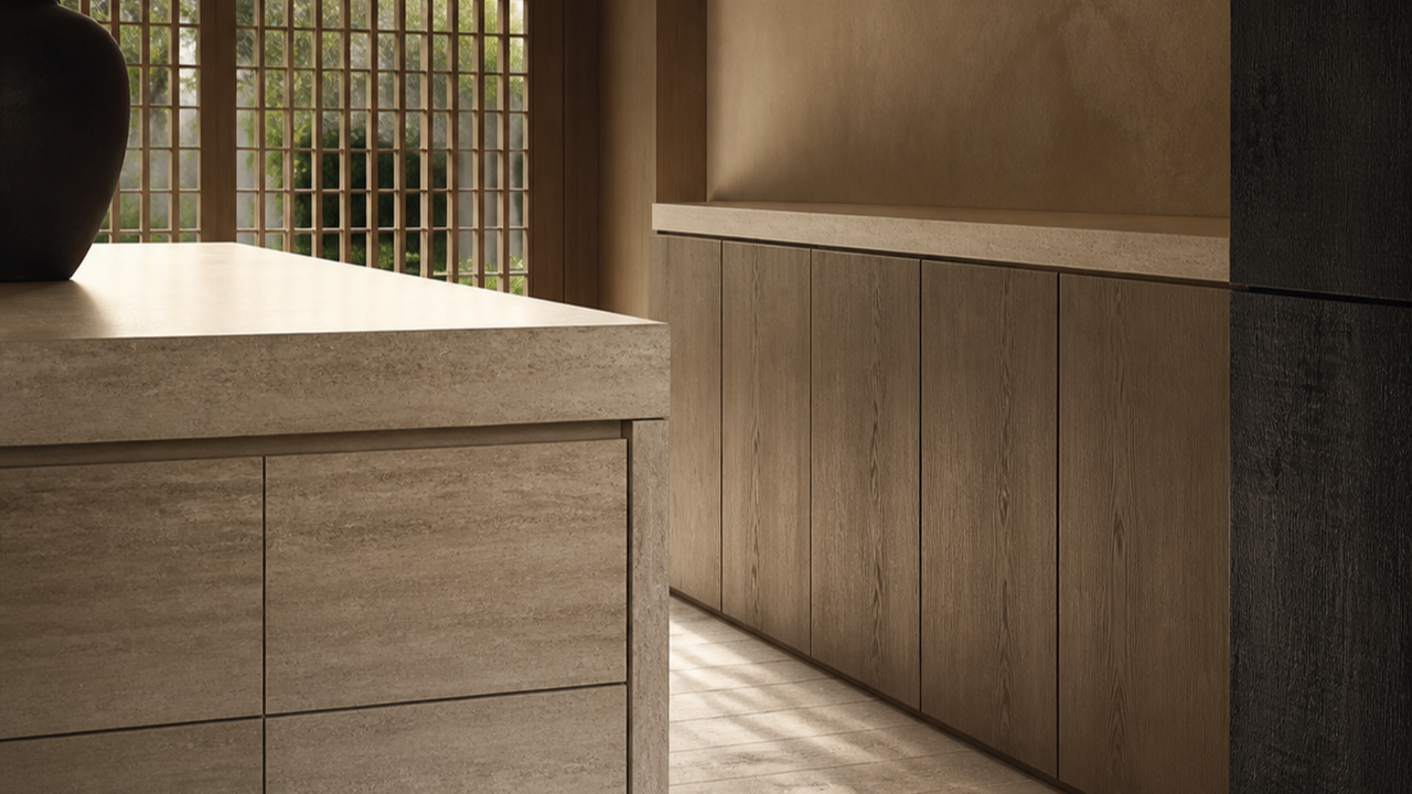 Fadior Meridian Cabinets Kitchen with Italian Finish Atelier — close-up of stainless steel finish and hardware detail