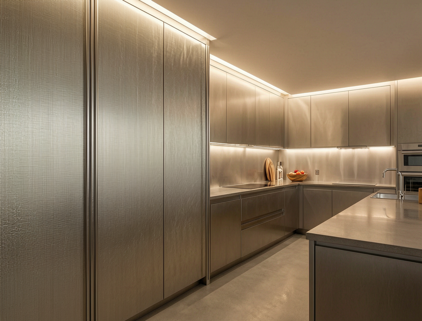 Linen Embossed Texture applied in luxury residential tall kitchen pantry doors