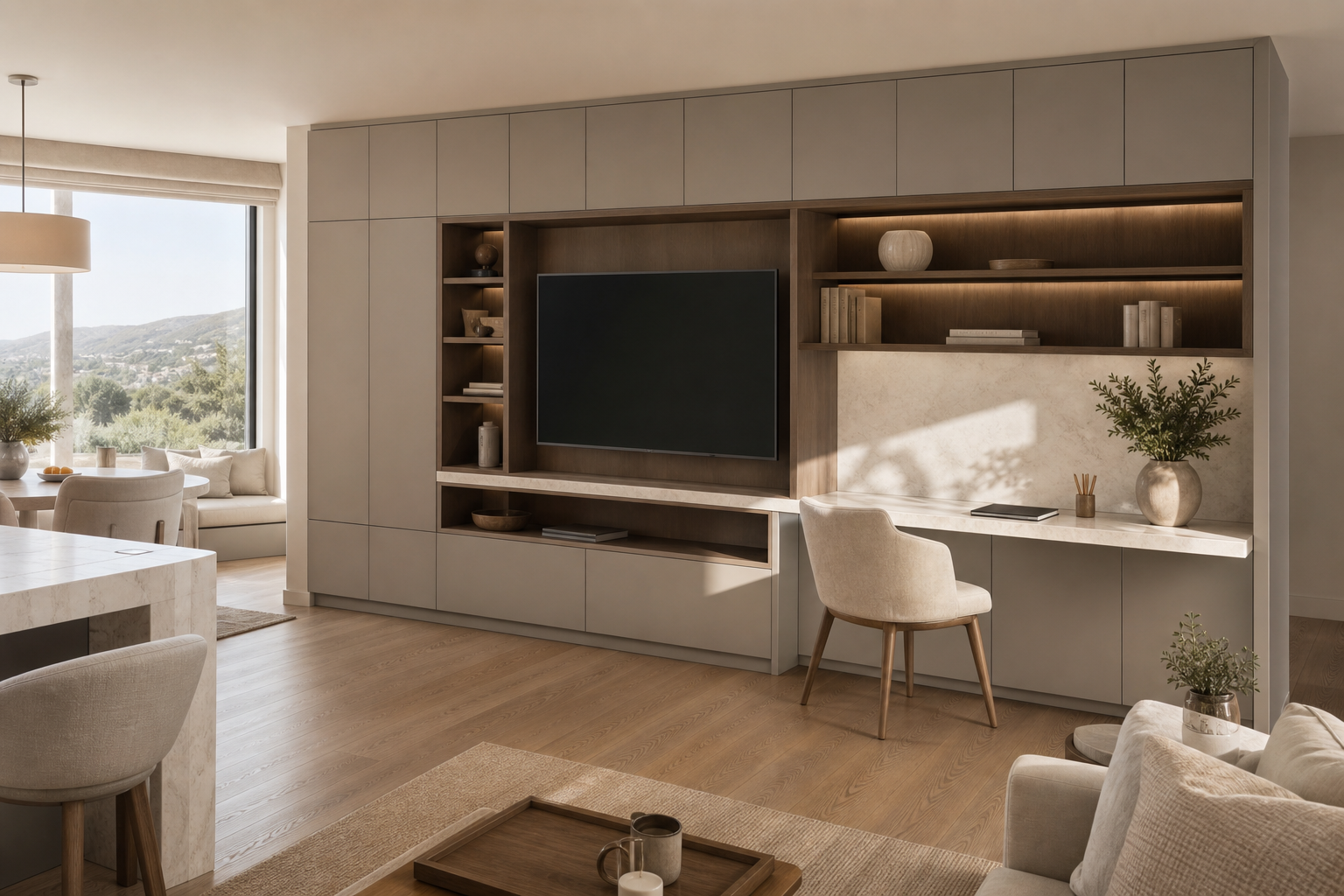 Fadior Silvan Living Room Suite with Pale Stone Study Wall — lifestyle setting with natural light and residential styling