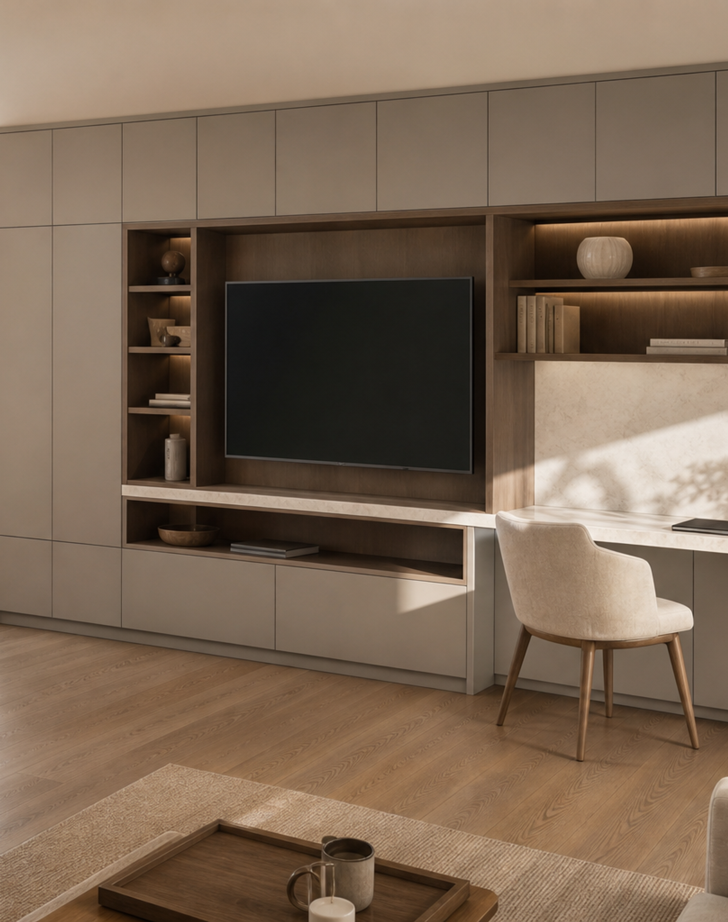 Fadior Silvan Living Room Suite with Pale Stone Study Wall — lifestyle setting with natural light and residential styling