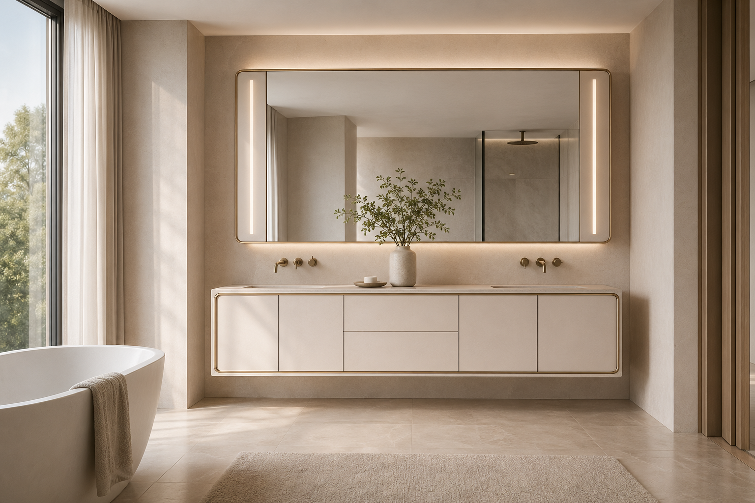 Fadior Alcove Bath and Vanity Suite with Pearl Frame Vanity Run — interior room context showing cabinet integration