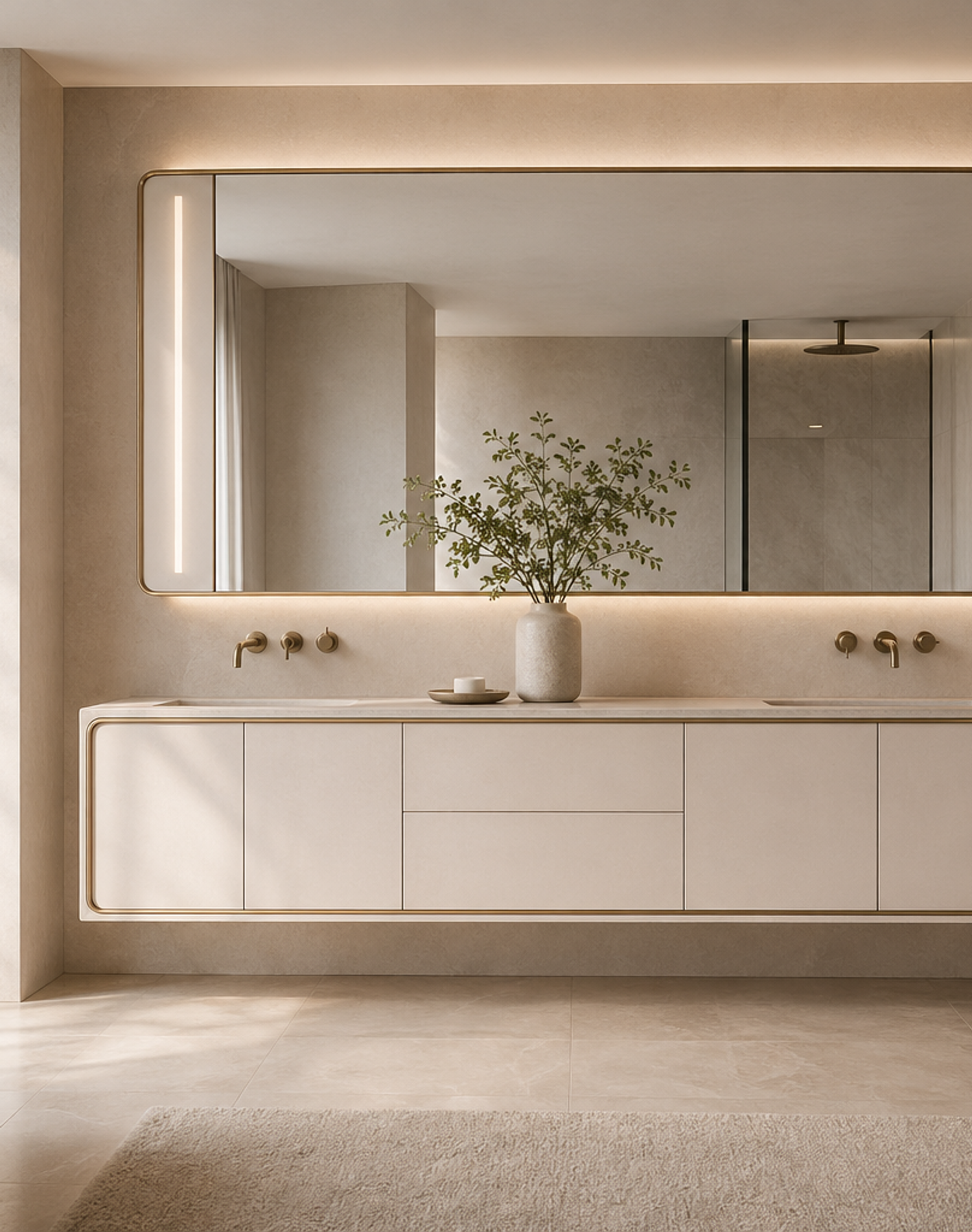 Fadior Alcove Bath and Vanity Suite with Pearl Frame Vanity Run — interior room context showing cabinet integration