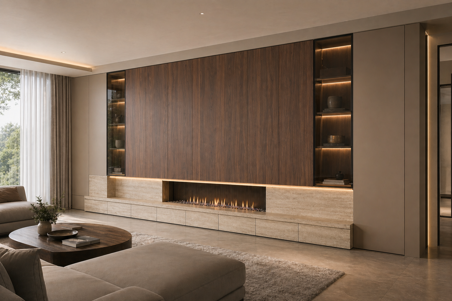 Fadior Silvan Living Room Suite with Linear Hearth Storage Frame — interior room context showing cabinet integration