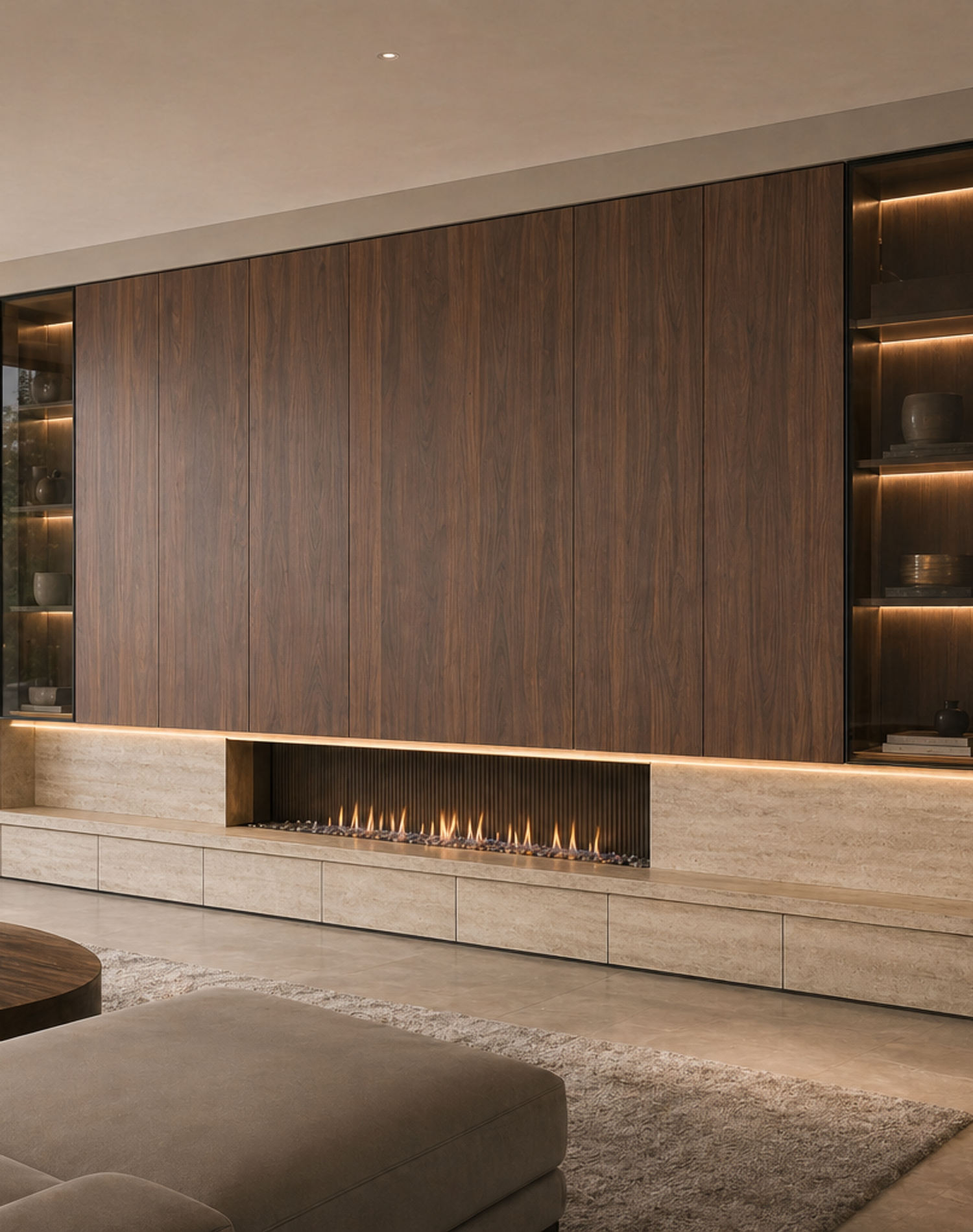Fadior Silvan Living Room Suite with Linear Hearth Storage Frame — interior room context showing cabinet integration