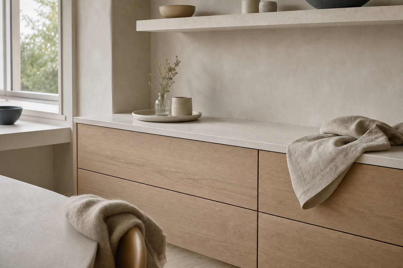 Kitchen material study with blond ash drawer planes and flax linen for soft-close calm.