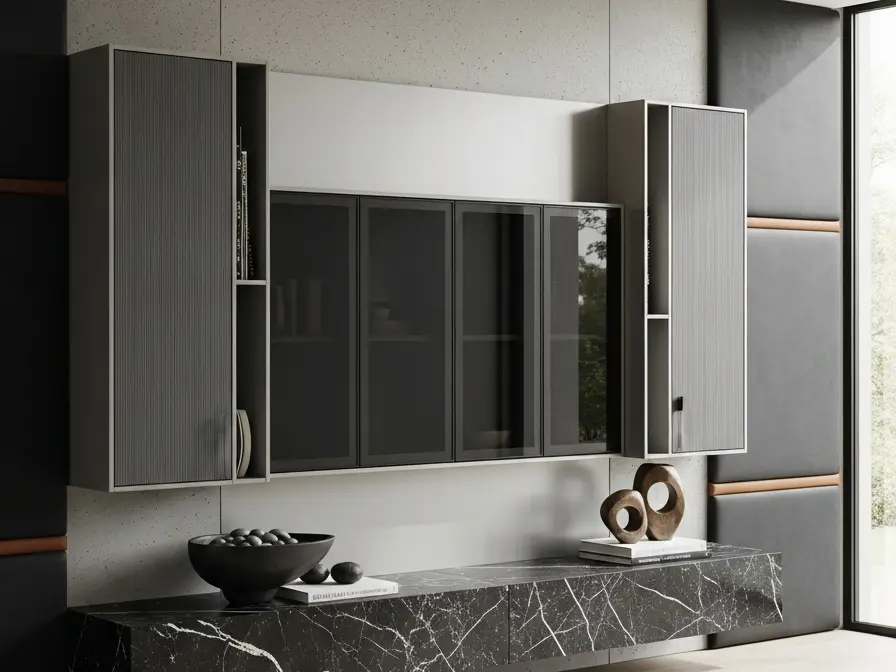 Fadior Essence Living Room Suite - stainless steel living room cabinetry with media storage, display shelving, concealed devices, and residential finishes