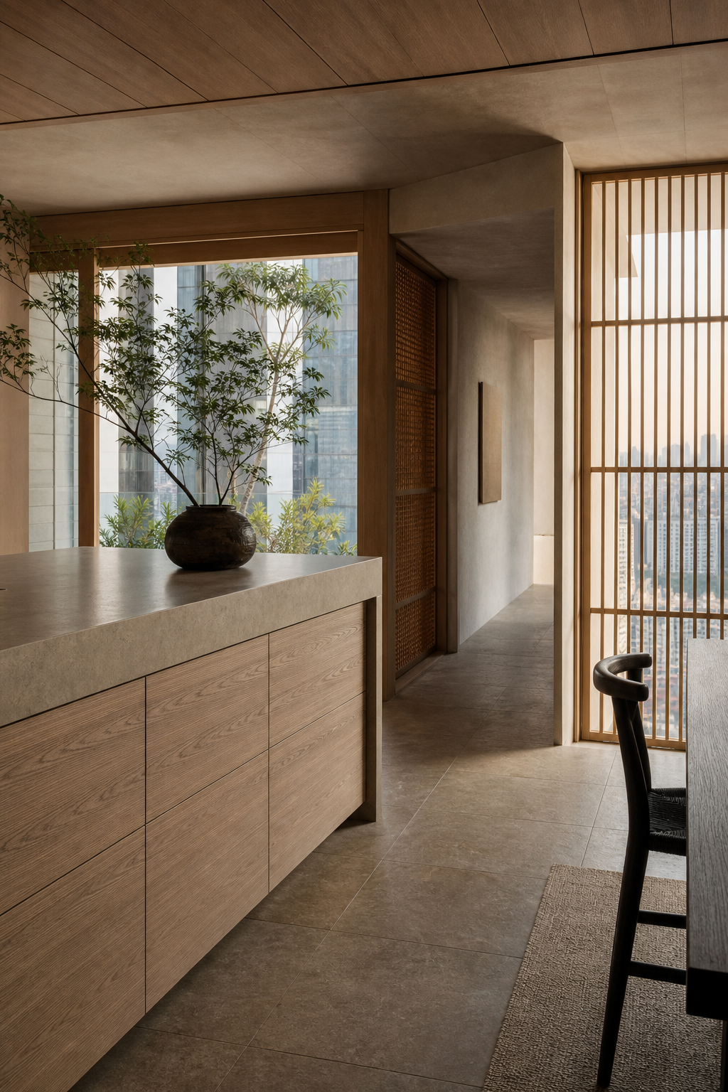 Fadior Tokyo 180 sqm Kitchen Penthouse — counter edge, wood cabinet, travertine floor, clay wall, window light