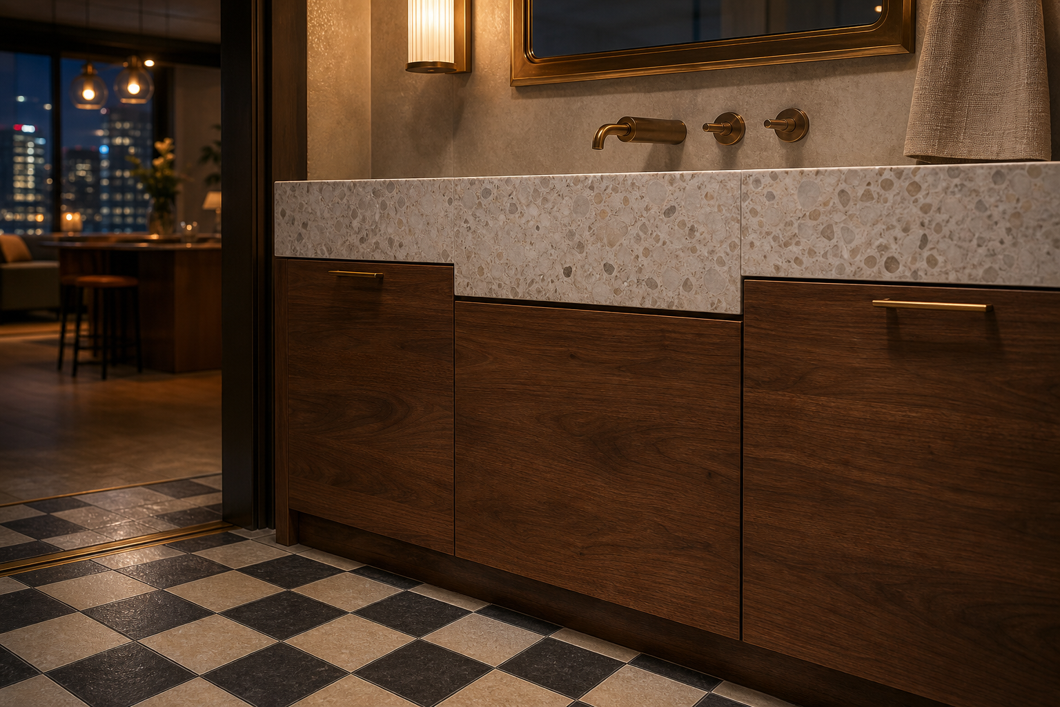 Fadior Solstice Bath and Vanity Suite with Level-Set Basin Apron — close-up of stainless steel finish and hardware detail