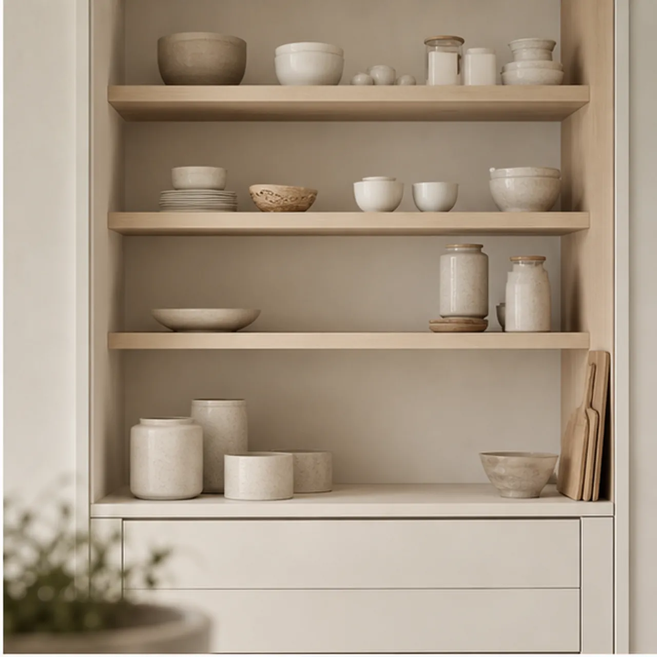 Pantry storage material mood with chalk white cabinetry, blond ash shelving, and soft ceramic containers.