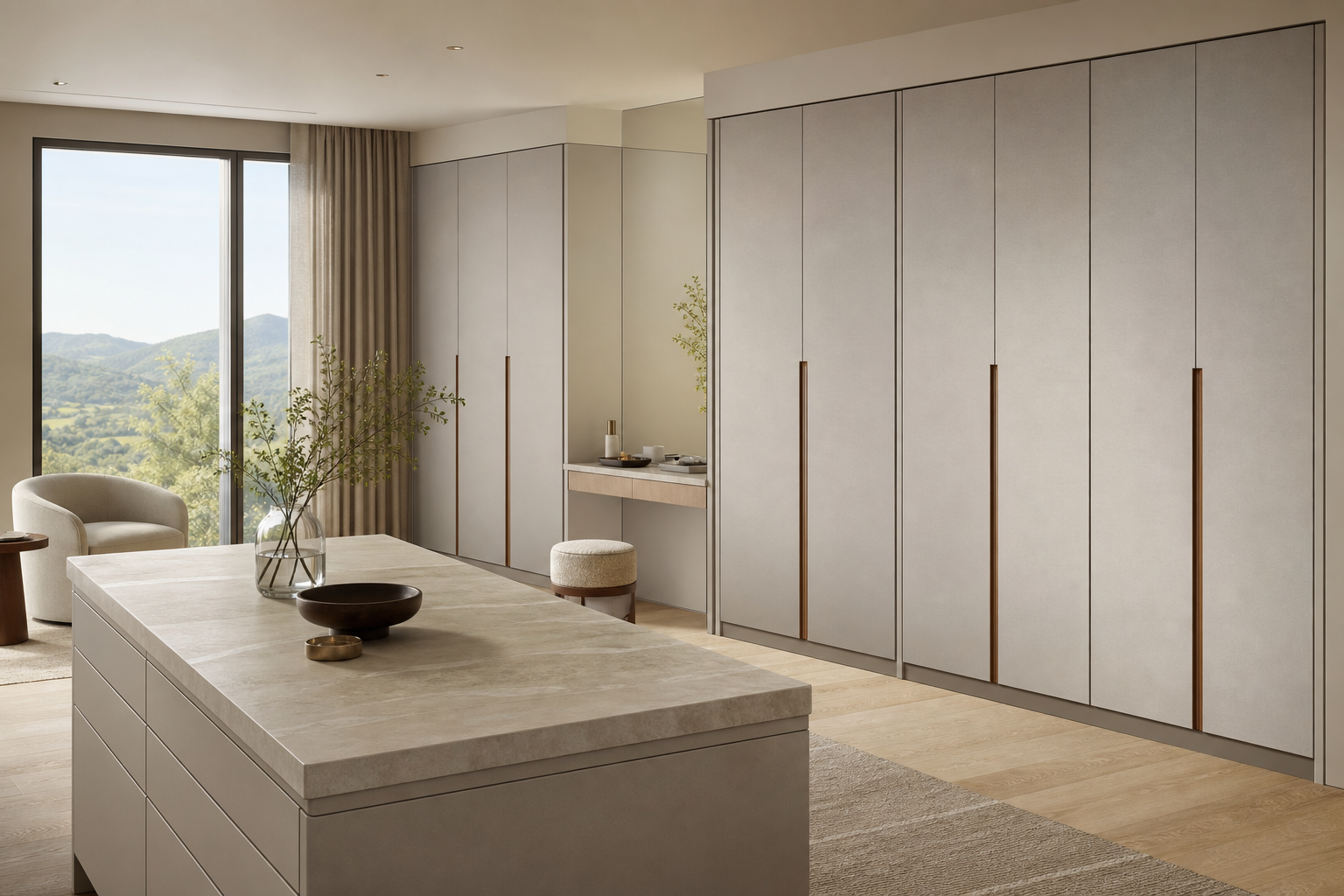 Fadior Eclipse Wardrobe Suite with Smeg Panel-Ready Dressing Bay — interior room context showing cabinet integration