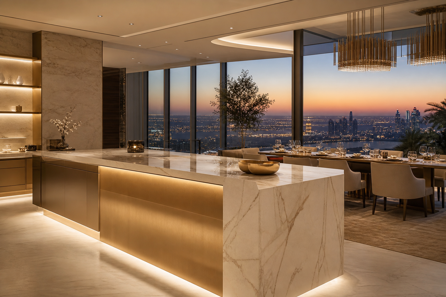 Calm villa kitchen context with ivory cabinetry, champagne accents, and evening dining atmosphere.