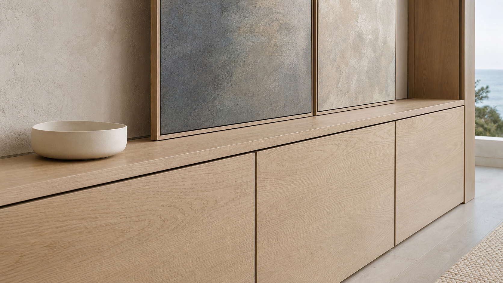 Suite de Salón Patina con Cómoda de Puerta Corredera Artística acabado y detalle