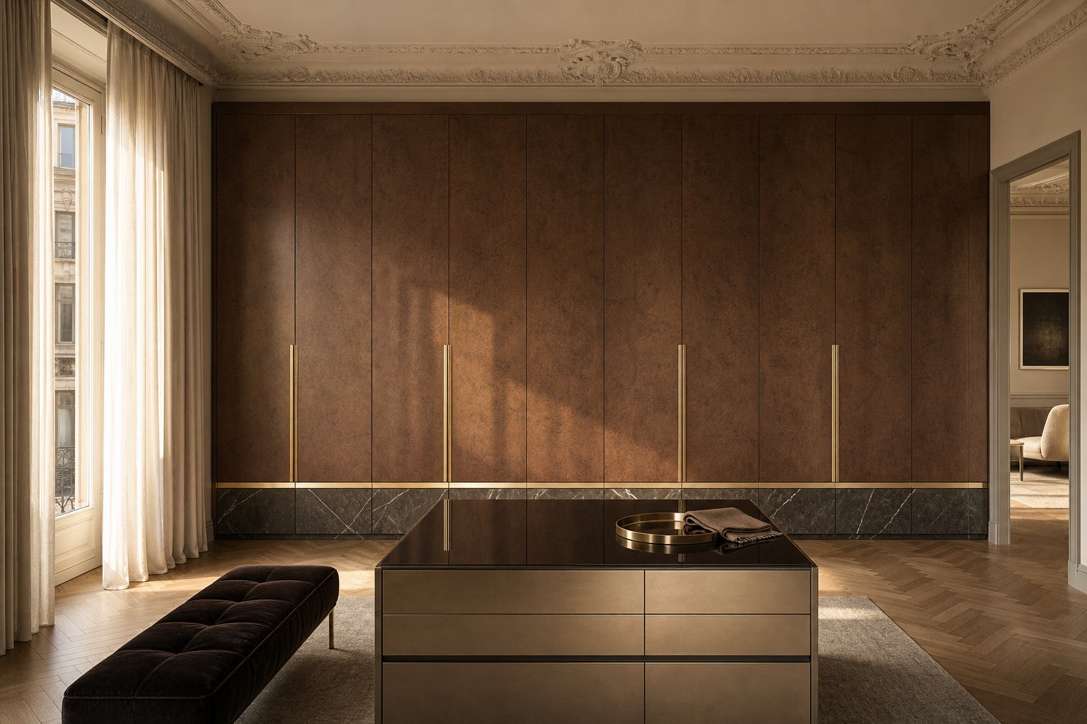 Fadior Resonance Wardrobe Suite with Monolithic Lacquer Wardrobe Plane — lifestyle setting with natural light and