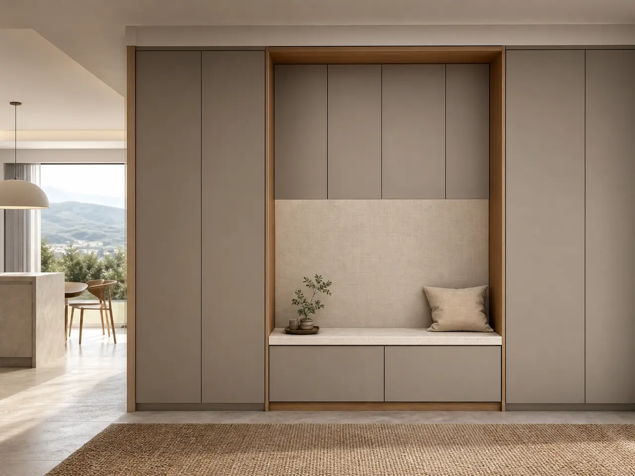 Fadior Loggia Precision Arrival Service Wall - stainless steel entryway storage with shoe cabinet, bench seating, coat storage, console zone, and warm finishes
