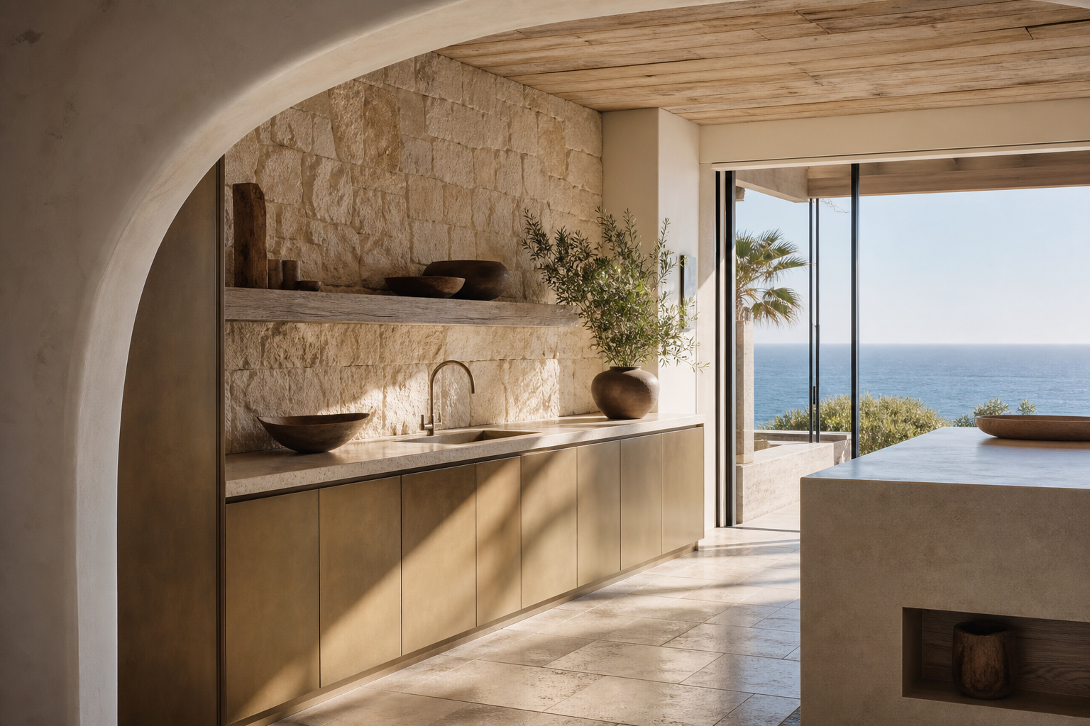 Fadior Cape Town 600 sqm Kitchen Villa — stone counter, cabinet wall, travertine floor, ocean window, potted plant