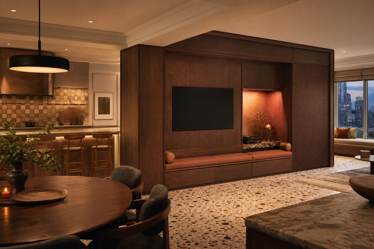 Fadior Galleria Living Room Suite with Copper Hearth Listening Wall — interior room context showing cabinet integration
