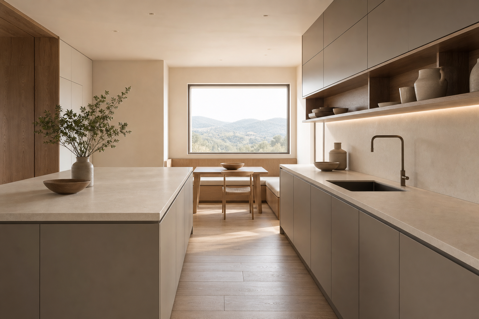 Suite de Cocina Meridian con Galería de Hearth de Piedra Caliza estudio de adaptación