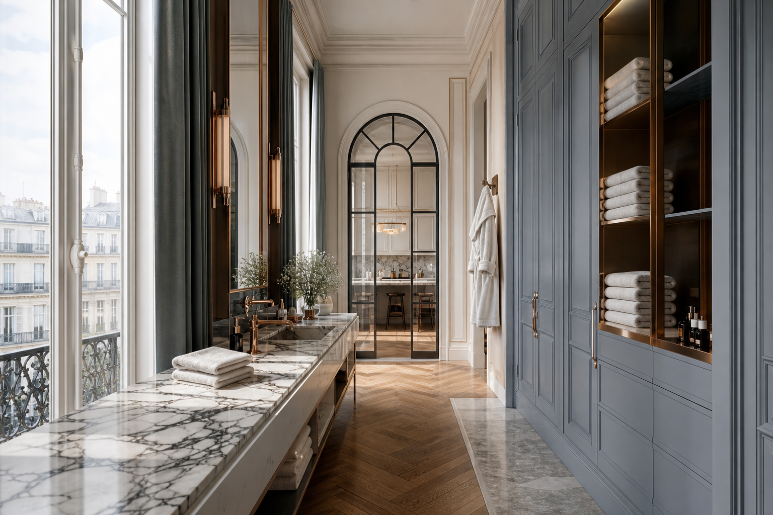 Fadior Geneva 650 sqm Kitchen Bath Villa — marble vanity, towel shelves, blue storage wall, arched door, parquet floor
