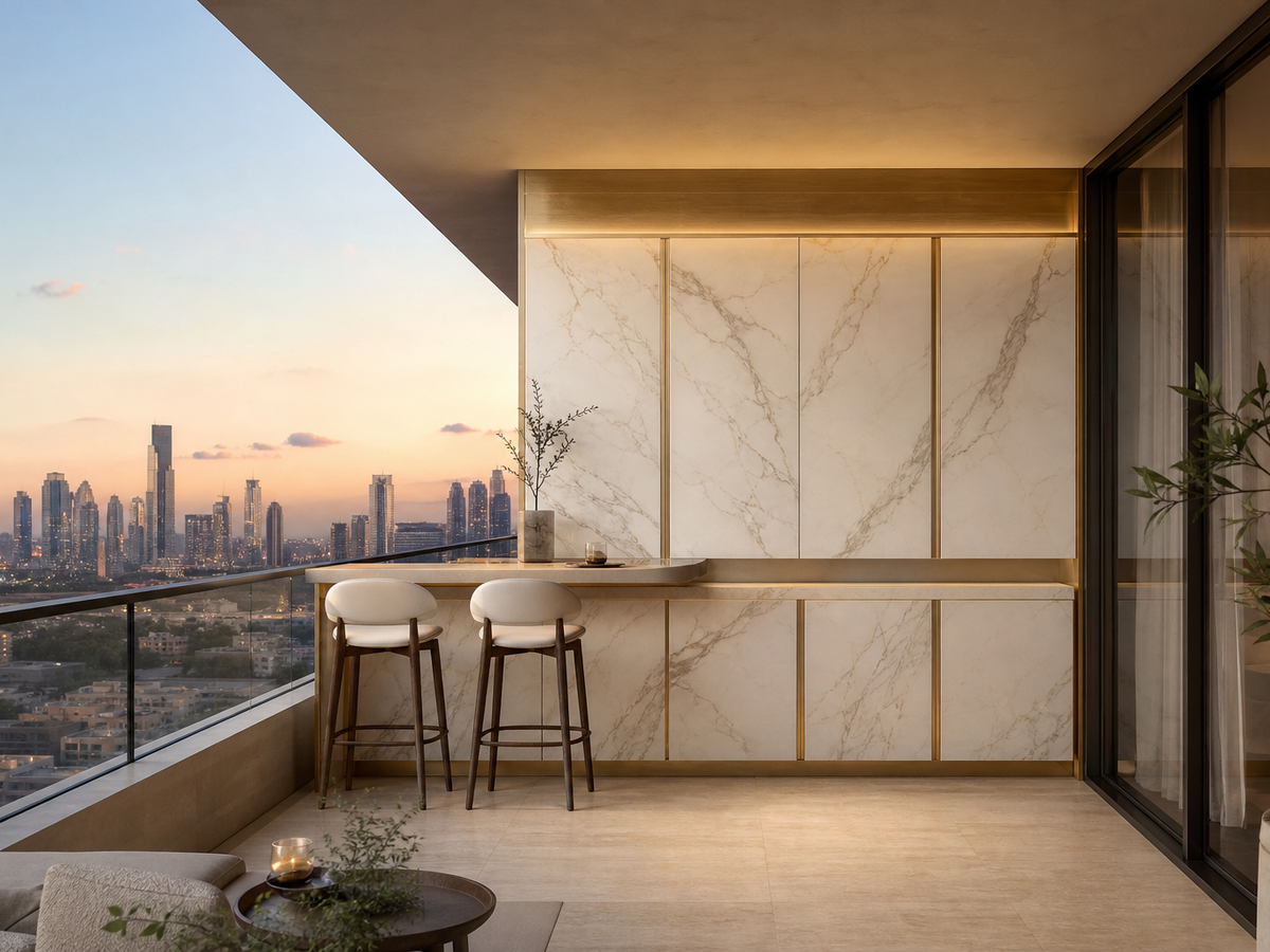 Fadior Soleil Balcony Suite with Quiet Shade Breakfast Ledge — 304 stainless steel balcony system, front view