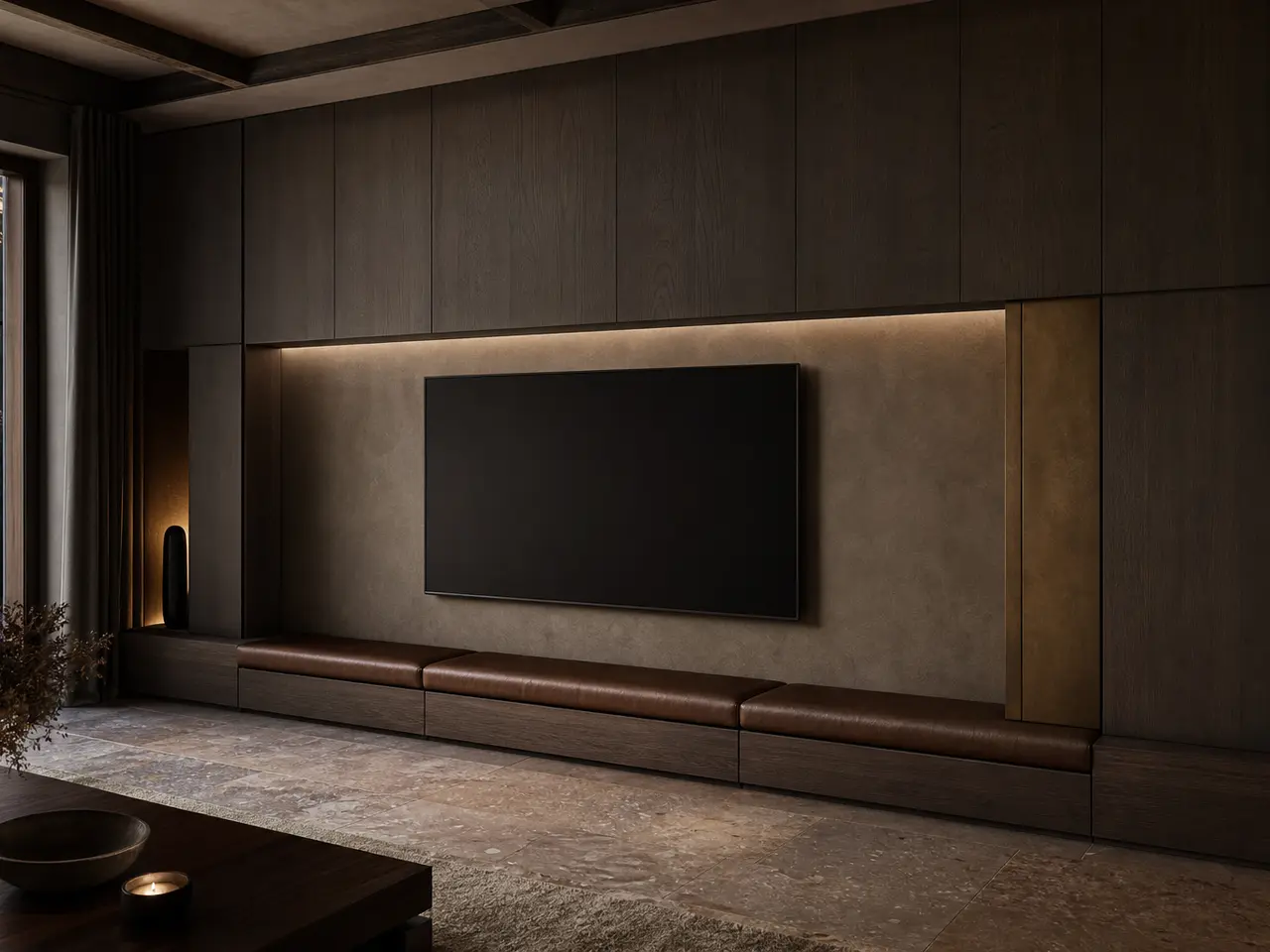 Fadior Galleria Living Room Suite with Cold-Finished Display Datum - stainless steel living room cabinetry with media storage, display shelving, concealed devices, and residential finishes