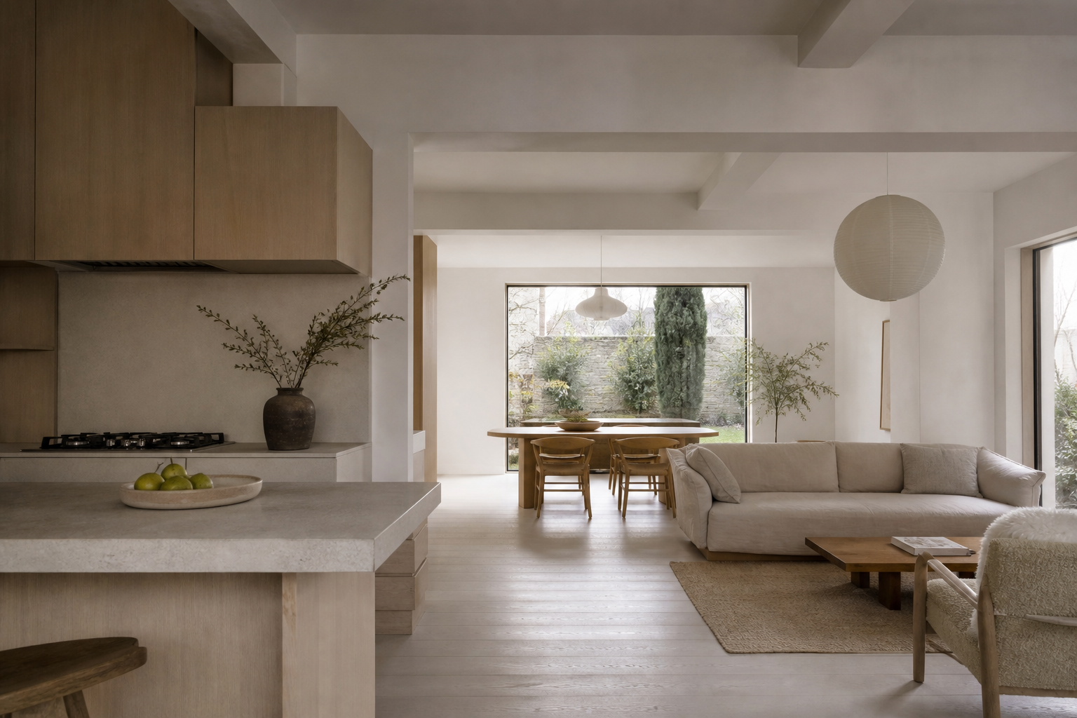 Fadior Tbilisi 340 sqm Kitchen Villa — kitchen cabinets, communal table, lounge chairs, garden window and wood floor