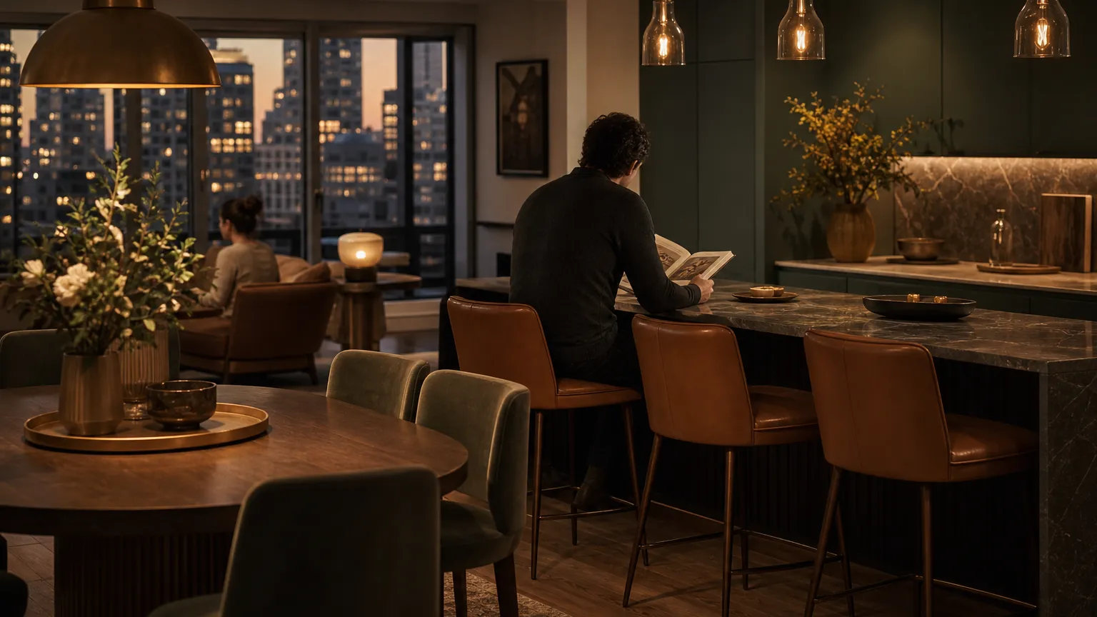 Kitchen atmosphere with muted green cabinetry and cognac seating for media-shaped buying context.