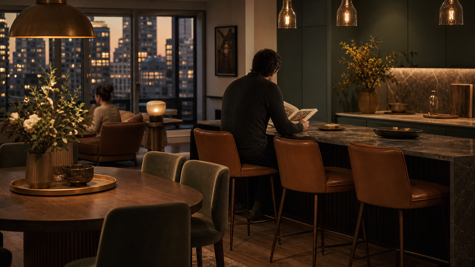 Kitchen atmosphere with muted green cabinetry and cognac seating for media-shaped buying context.