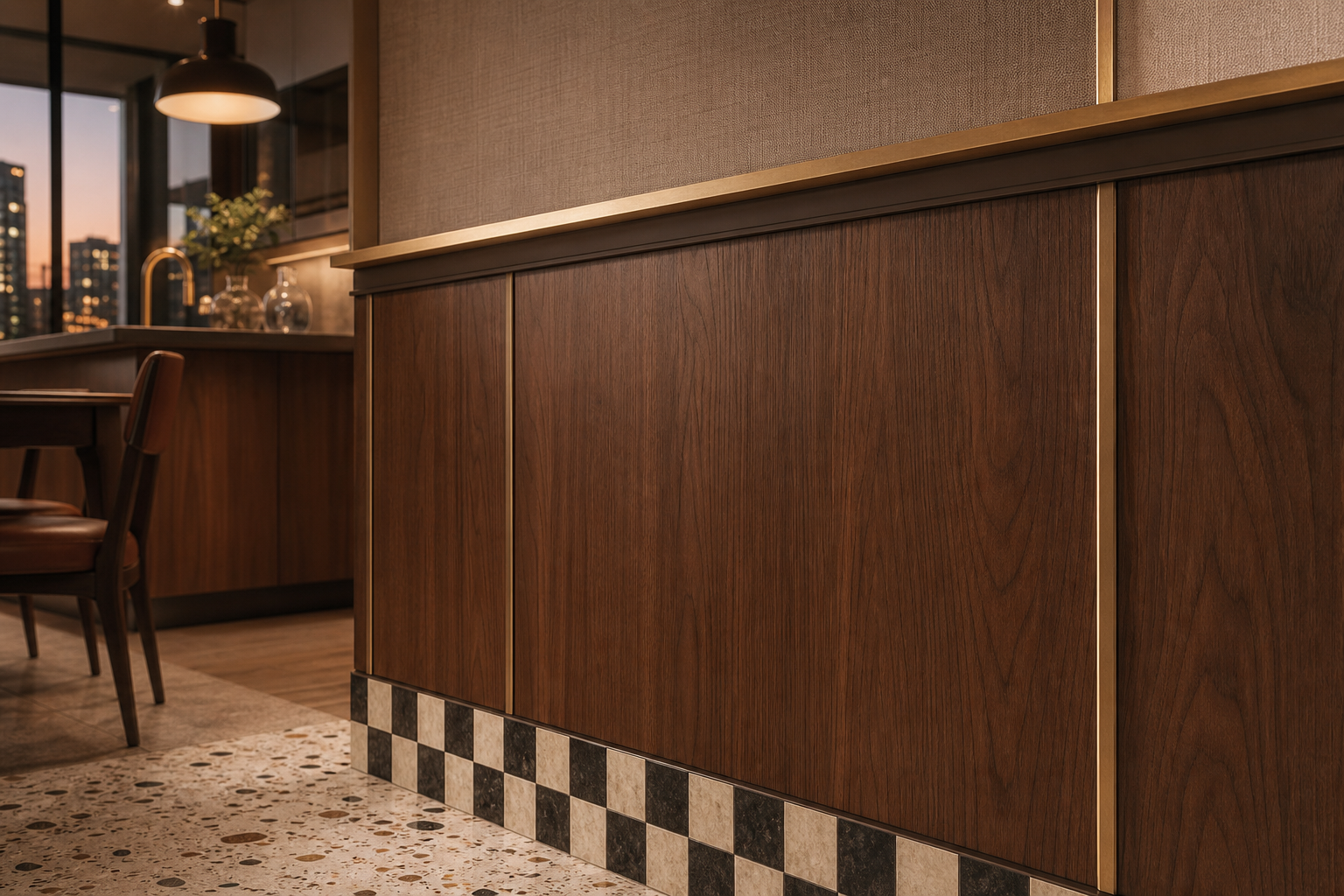 Fadior Terrazzo Wall Panel Suite with Aged Brass Picture Rail — close-up of stainless steel finish and hardware detail