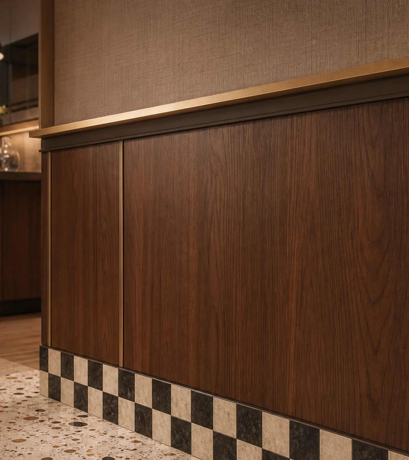 Suite de Panel de Pared Terrazzo con Barra Portacuadros de Latón Envejecido acabado y detalle