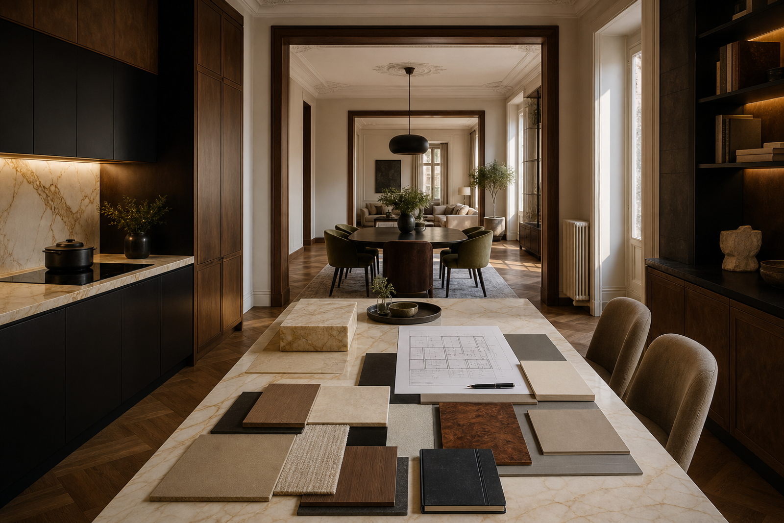 Atmosphere view: Milan retrofit kitchen with planning table, walnut storage, and phased renovation samples.