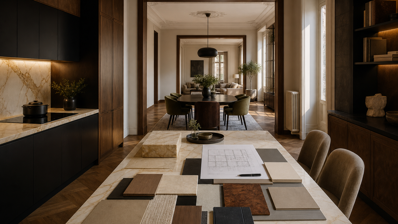 Atmosphere view: Milan retrofit kitchen with planning table, walnut storage, and phased renovation samples.