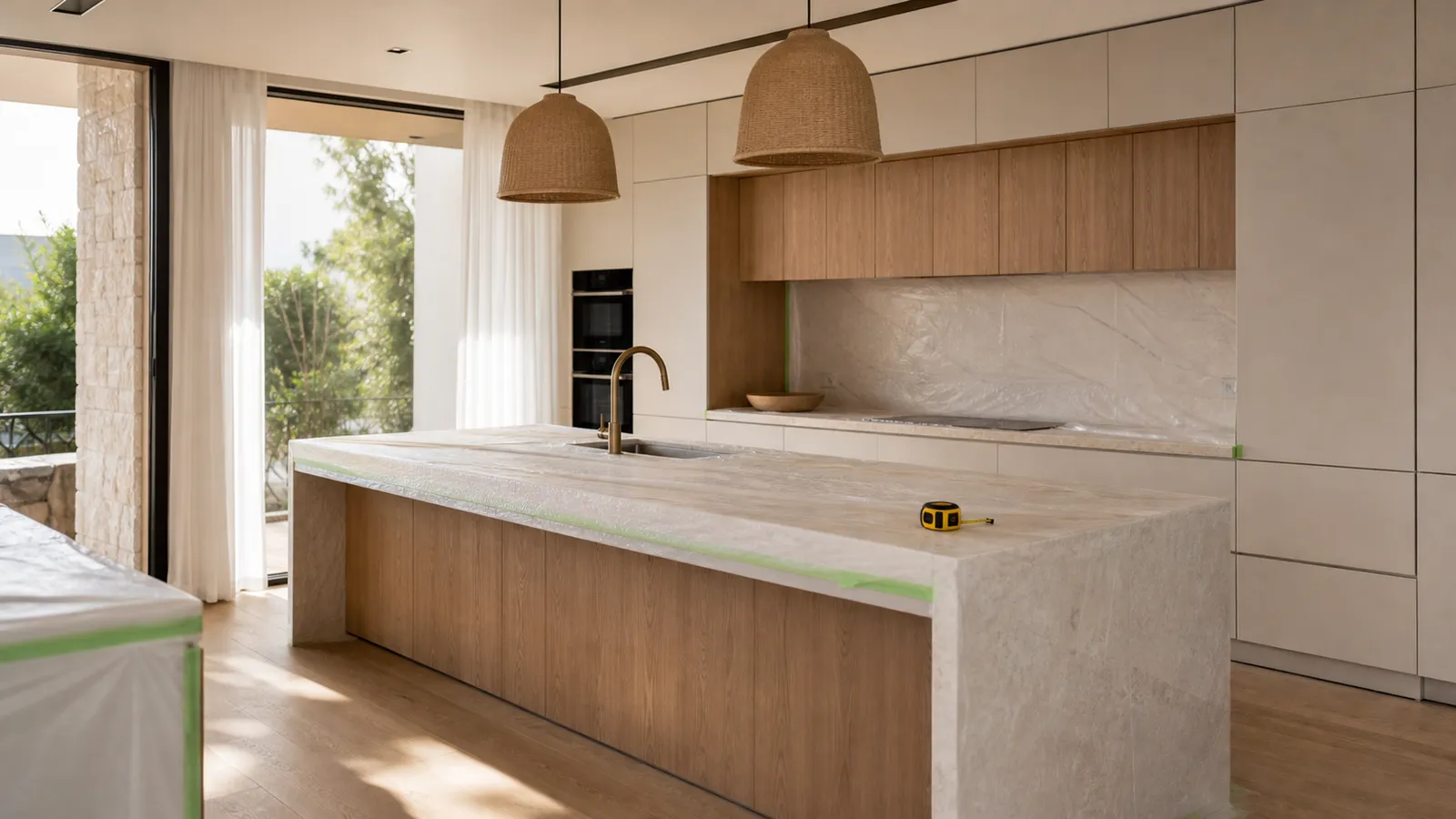 Kitchen renovation planning scene with pale stone, warm wood, matte grey cabinetry, and soft daylight.