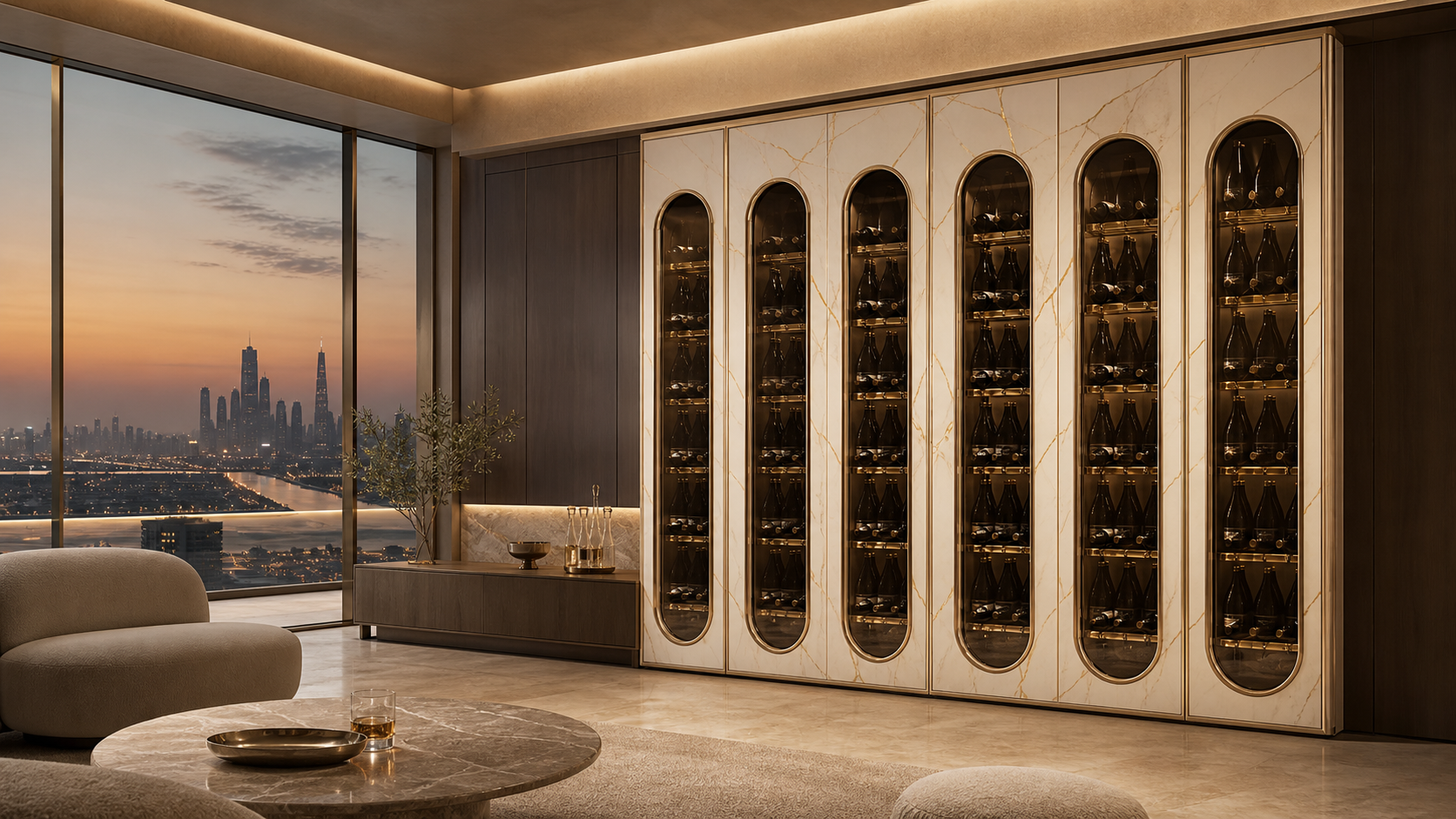 Fadior Estuary Wine Cabinet Suite with Calacatta Magnum Arcade — lifestyle setting with natural light and residential styling