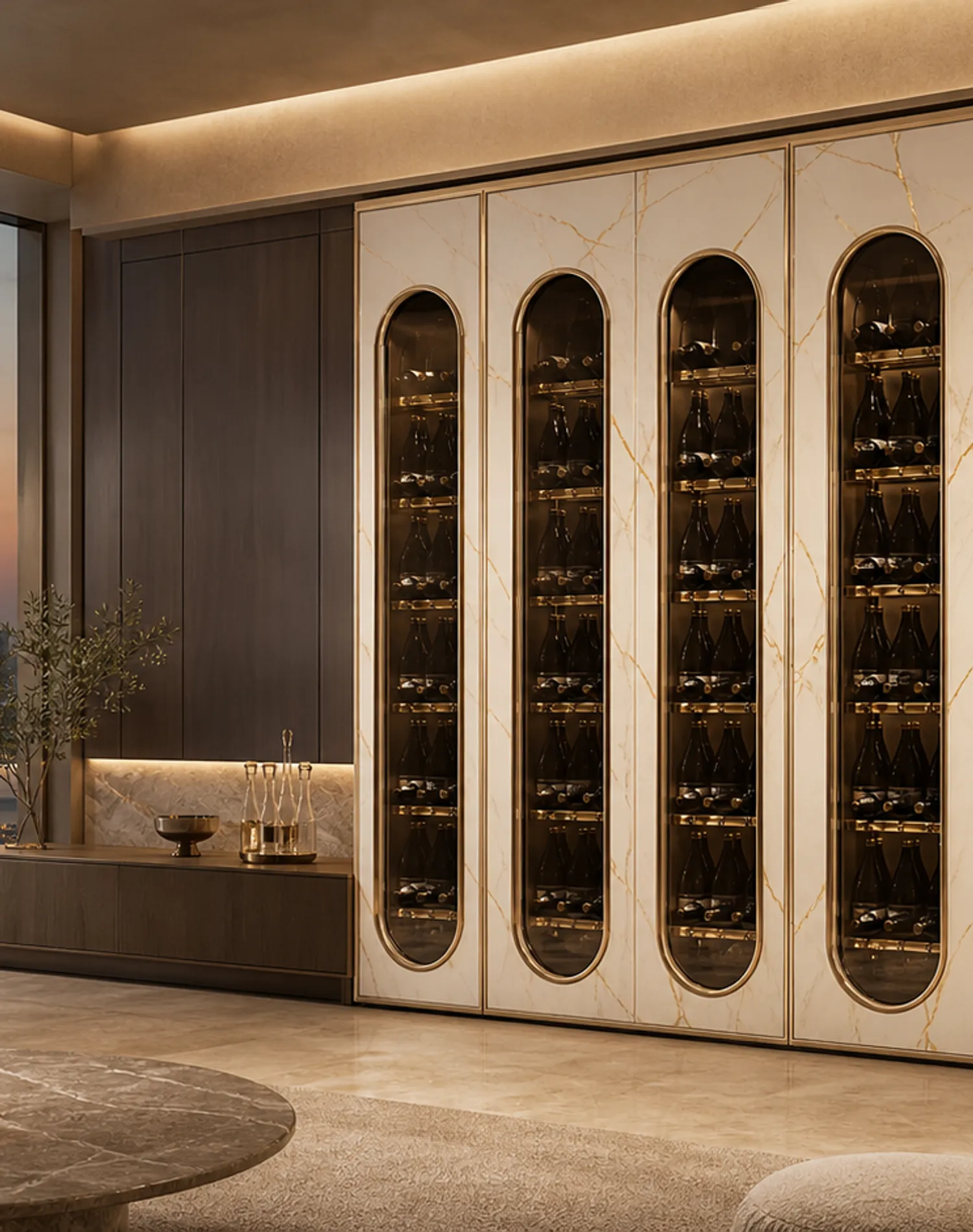 Fadior Estuary Wine Cabinet Suite with Calacatta Magnum Arcade — lifestyle setting with natural light and residential styling