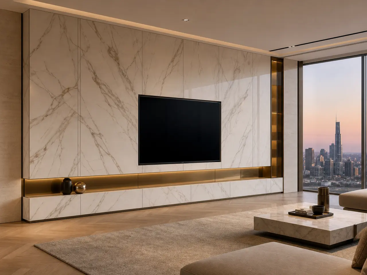 Fadior Zenith Spectral Bronze Media Wall - stainless steel living room cabinetry with media storage, display shelving, concealed devices, and residential finishes