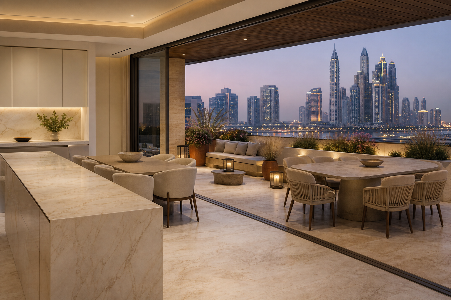 Fadior Dubai 120 sqm Kitchen Bath Penthouse — island, terrace table, glass wall, skyline lighting and cabinet storage
