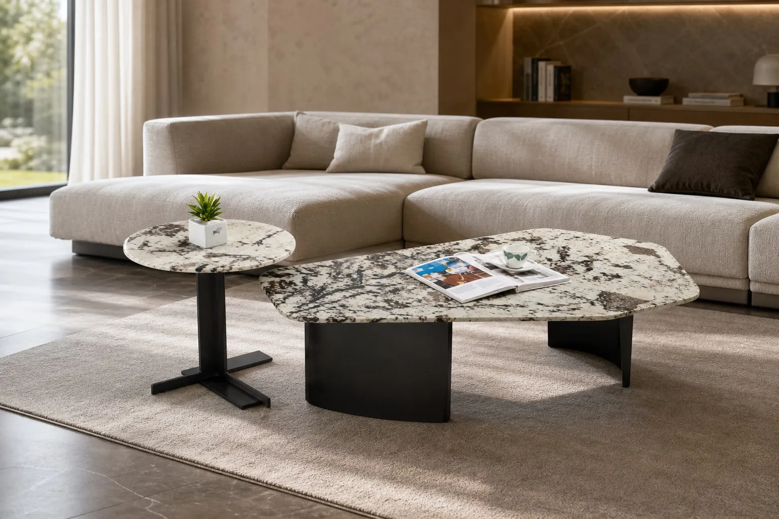 Brushed Steel Snow-Blue Marble Table Set