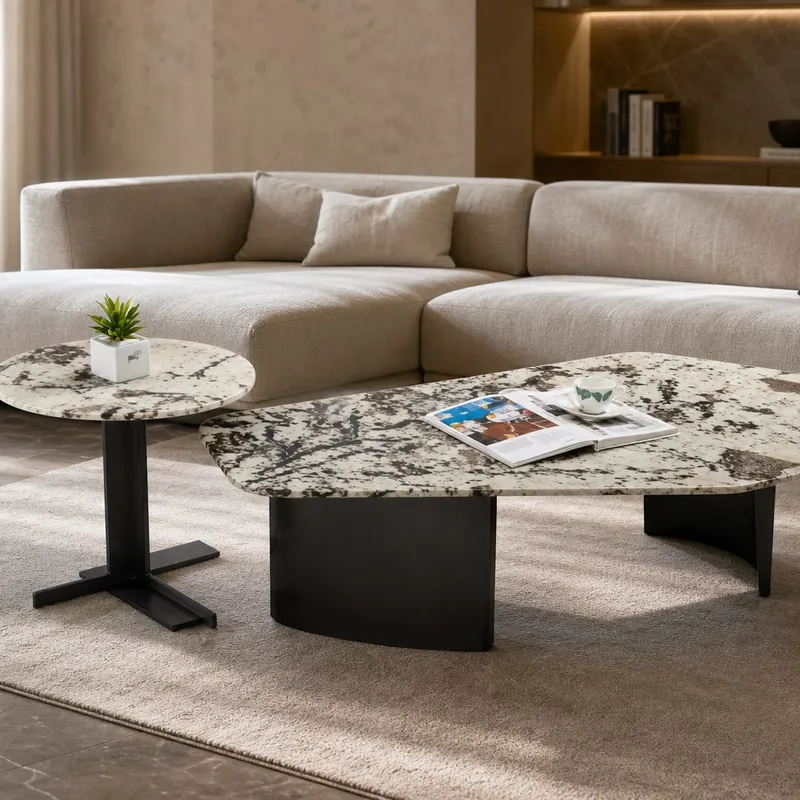 Brushed Steel Snow-Blue Marble Table Set
