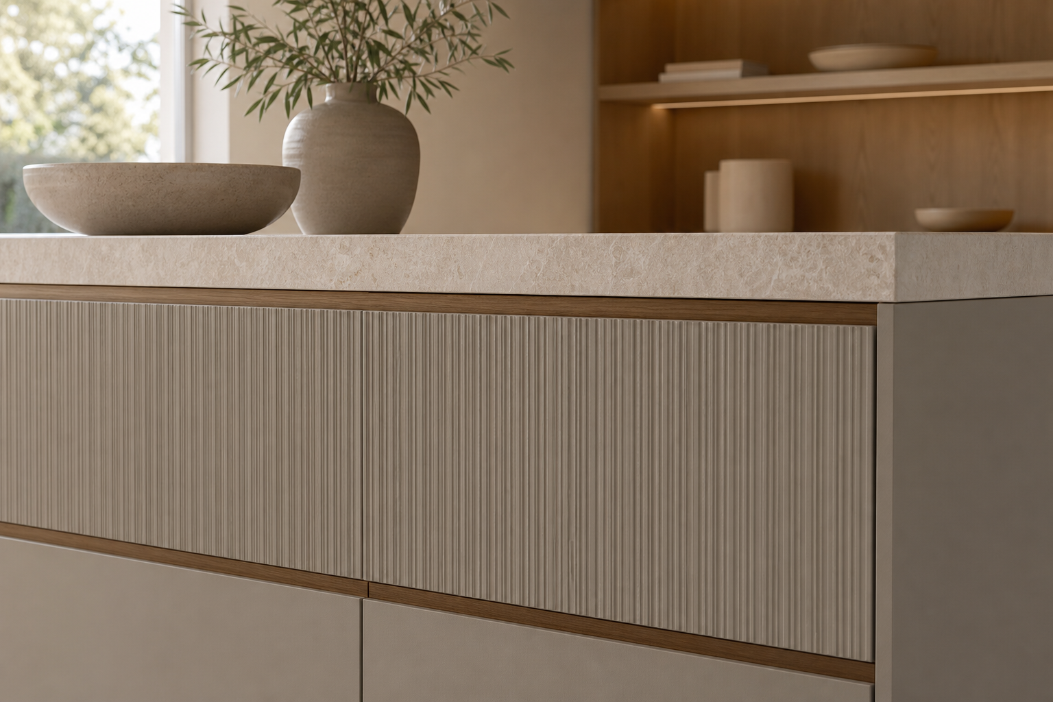 Fadior Terrena Kitchen Suite with Reeded Breakfast Harbor — close-up of stainless steel finish and hardware detail