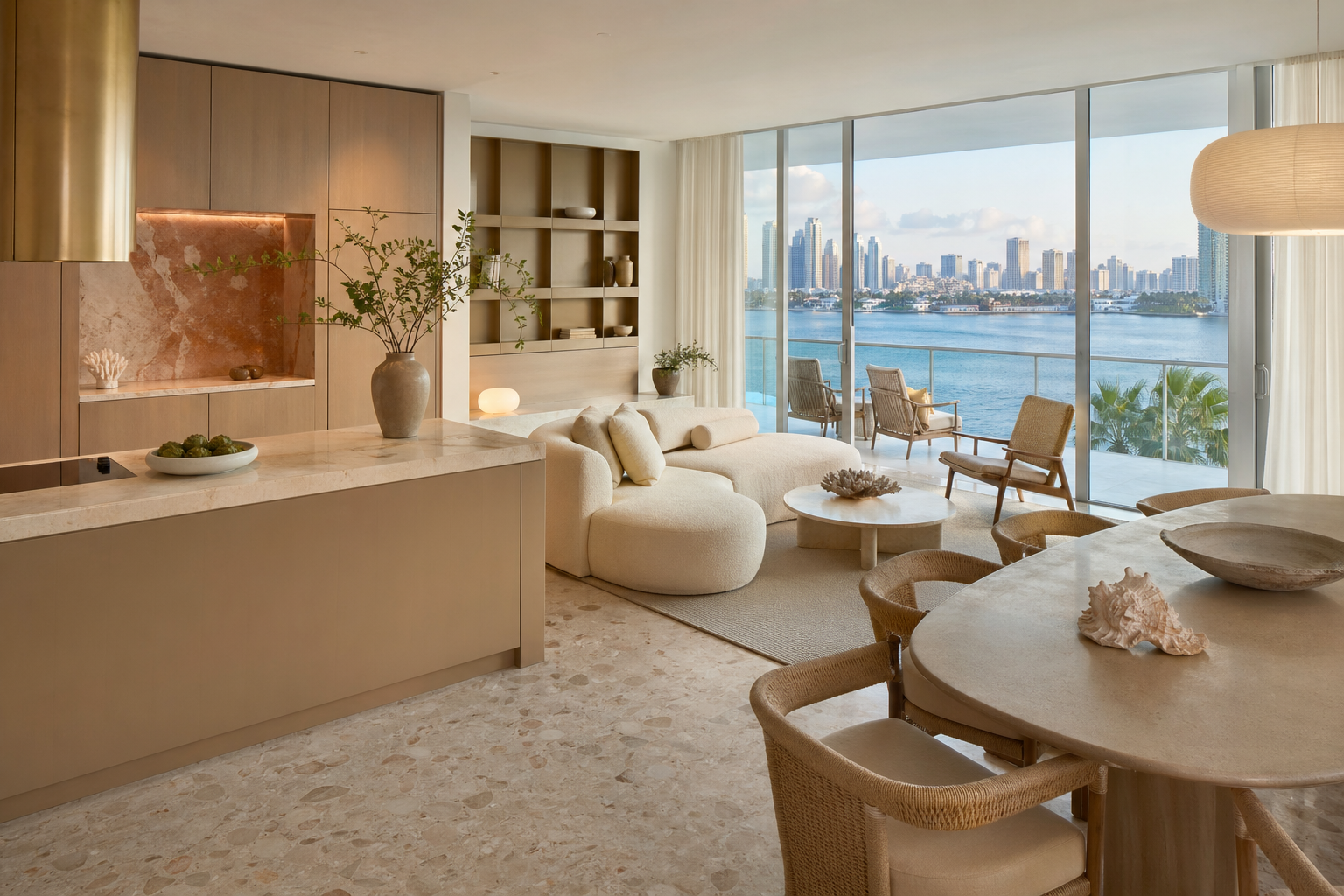 Fadior Miami Compact Residence — island cabinet, dining table, sofa, bay window