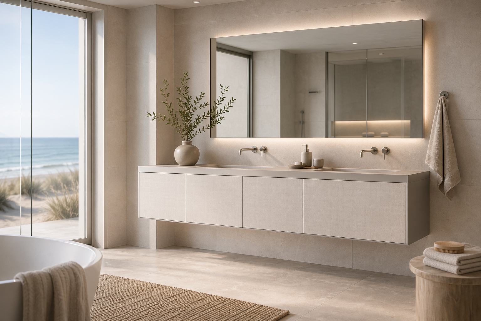 Fadior Acqua Bath And Vanity Suite with Coastal Linen Finish — lifestyle setting with natural light and residential styling
