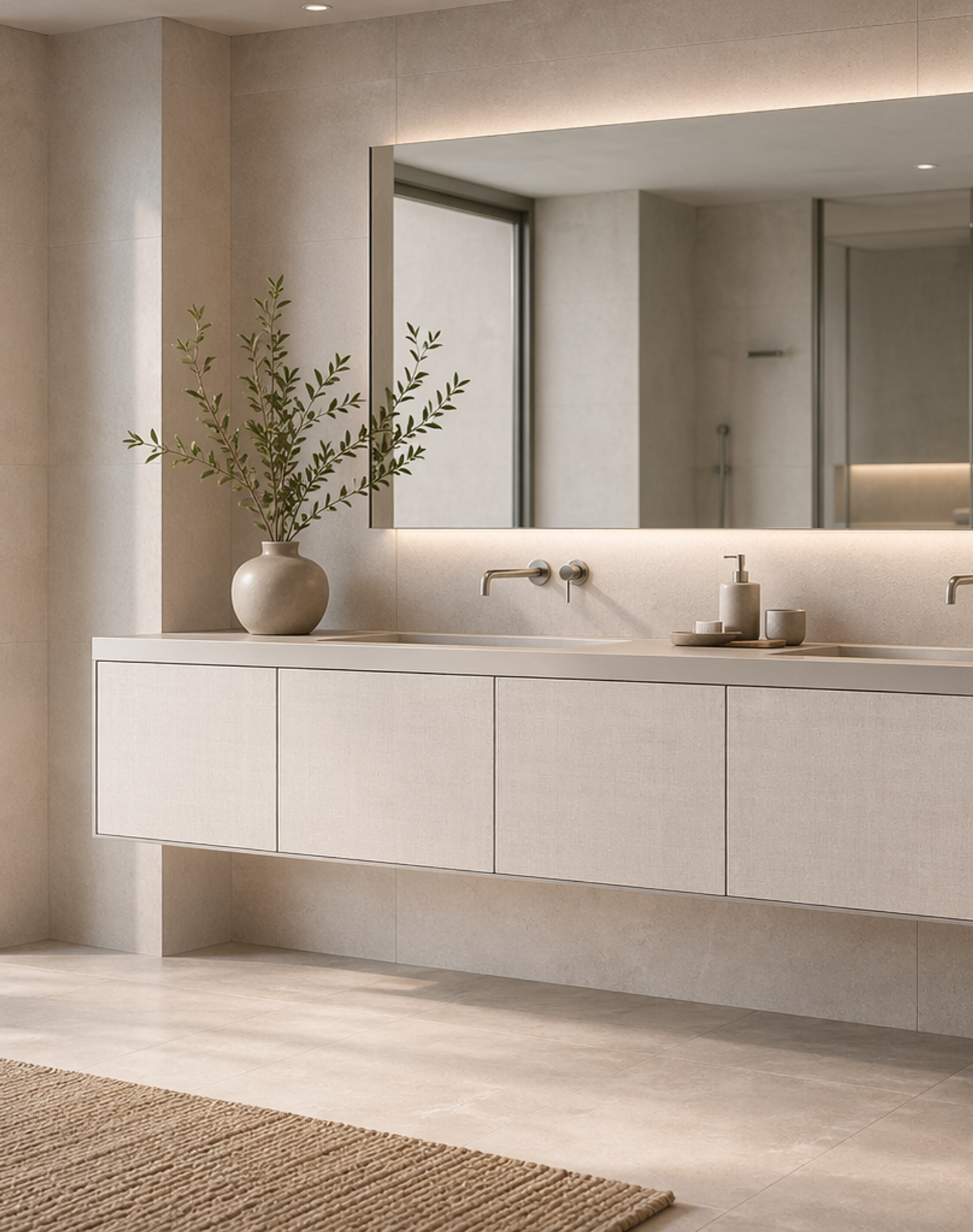 Fadior Acqua Bath And Vanity Suite with Coastal Linen Finish — lifestyle setting with natural light and residential styling