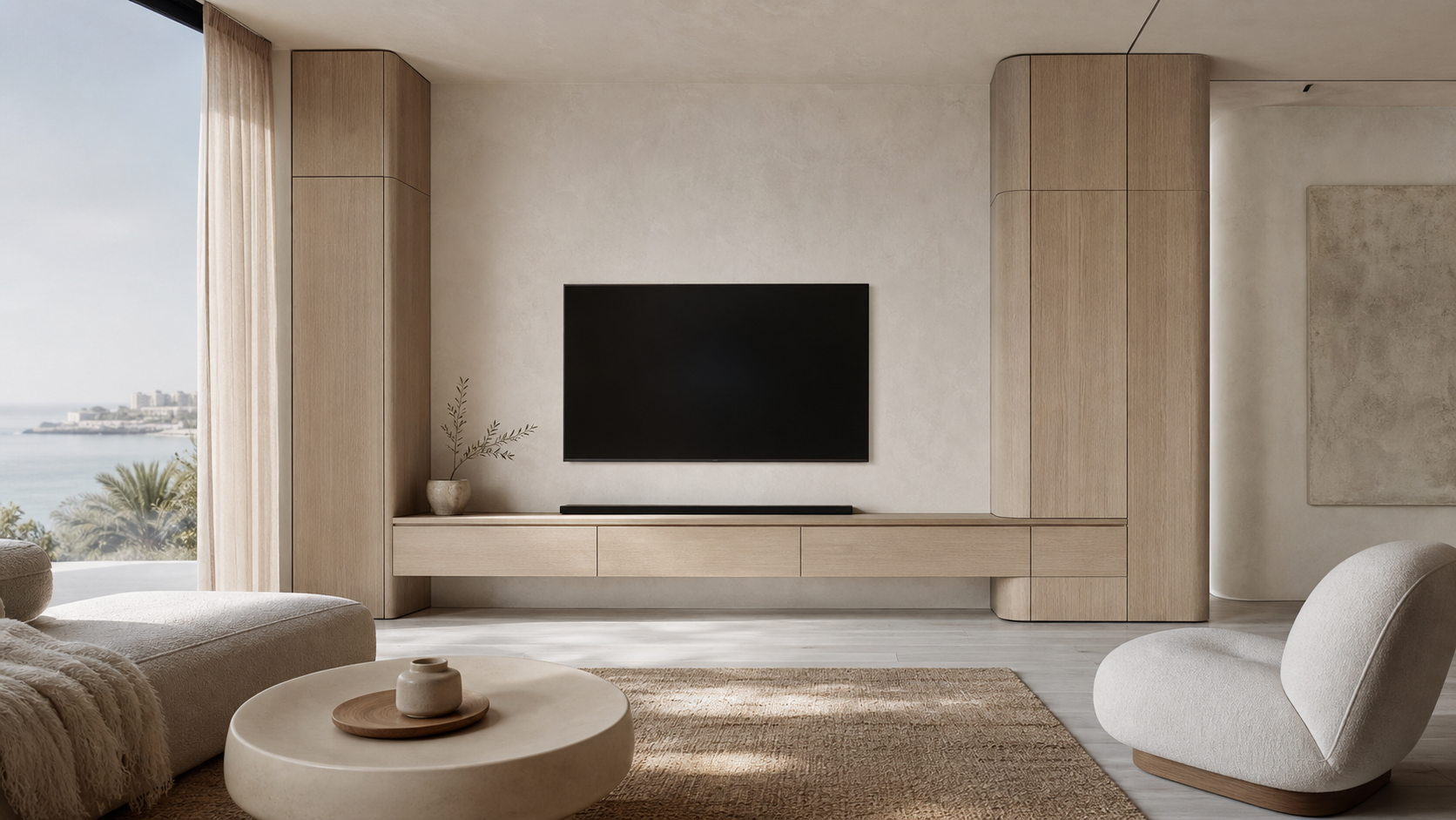 Fadior Patina Living Room Suite with Ribbon Ledge Audio Wall — lifestyle setting with natural light and residential styling