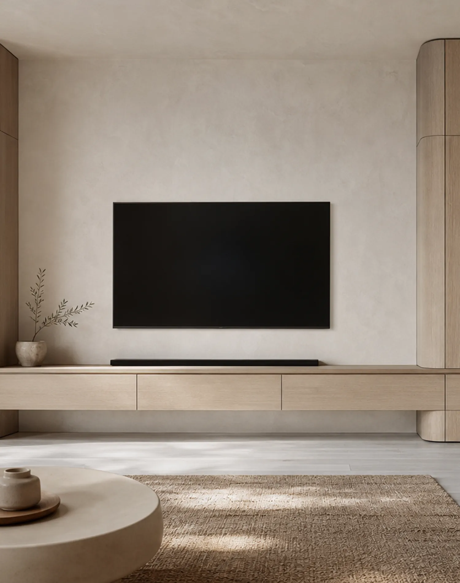 Fadior Patina Living Room Suite with Ribbon Ledge Audio Wall — lifestyle setting with natural light and residential styling
