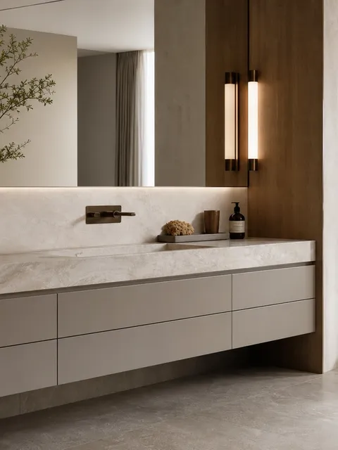 Conjunto de baño y tocador Solstice con consola de lavabo de vapor de cuarcita